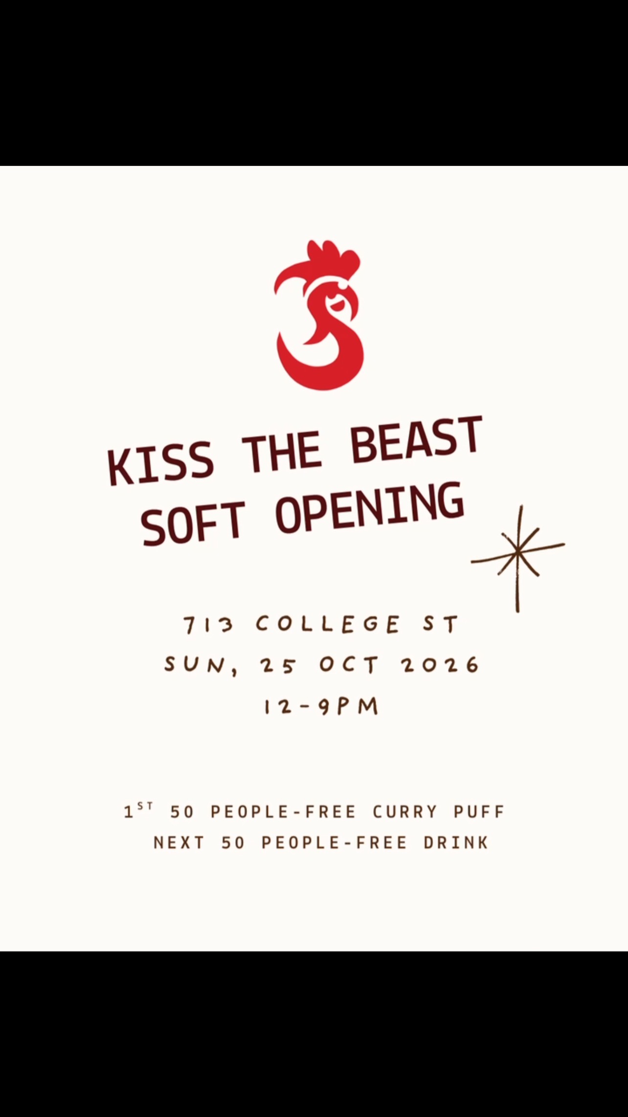 Official Kiss the Beast soft-opening poster announcing October 25, 2026, at 713 College Street