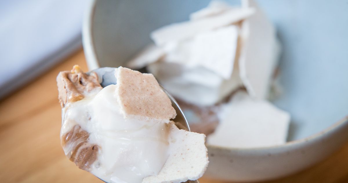 Spoonful of Cono gelato with cream, swirl and brittle shards in a ceramic bowl