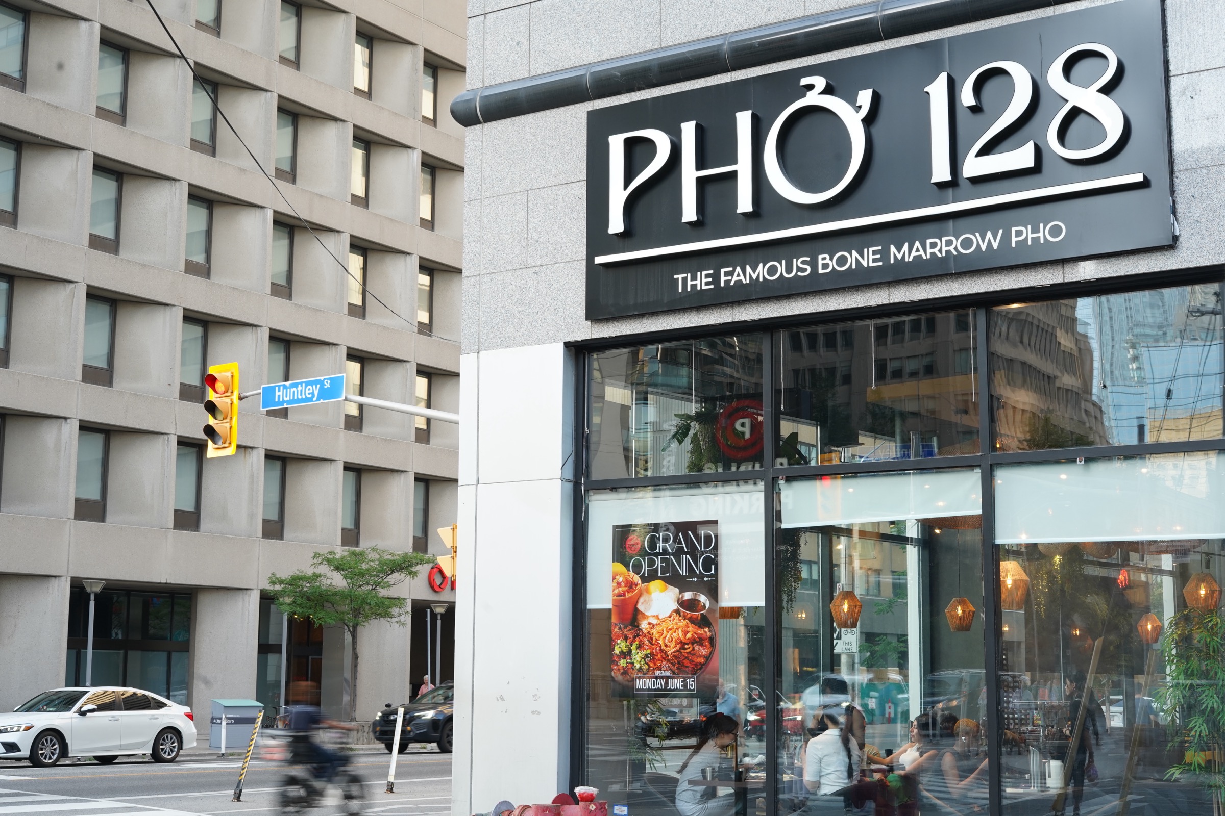 Pho 128 storefront at 345 Bloor Street East and Huntley, sign reading The Famous Bone Marrow Pho
