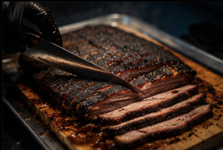 Hand-sliced smoked brisket with bark and smoke ring at Pri's Smoke BBQ, 4 Greenwood