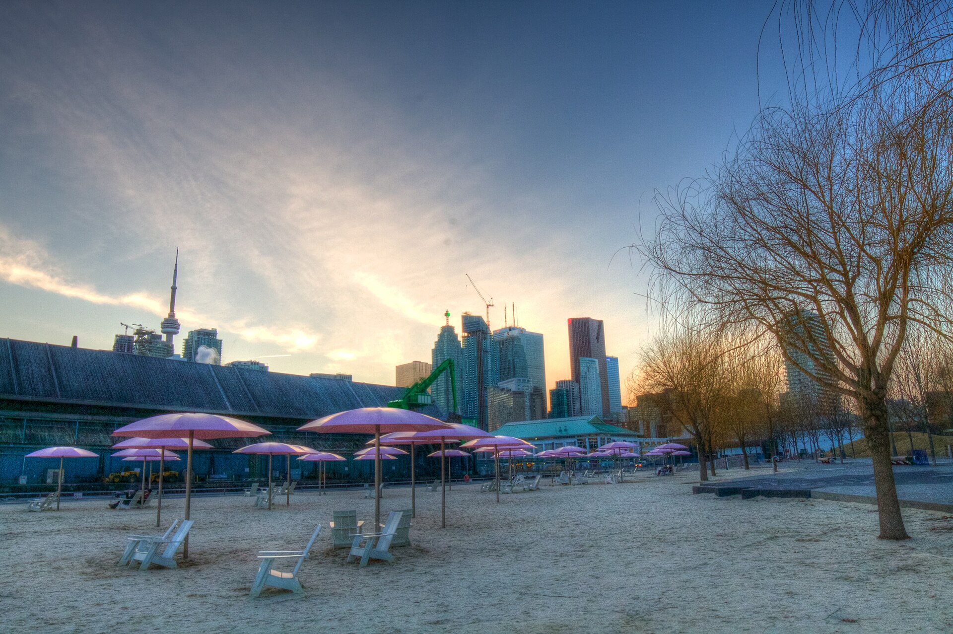 Sugar Beach pink umbrellas and Muskoka chairs, Toronto