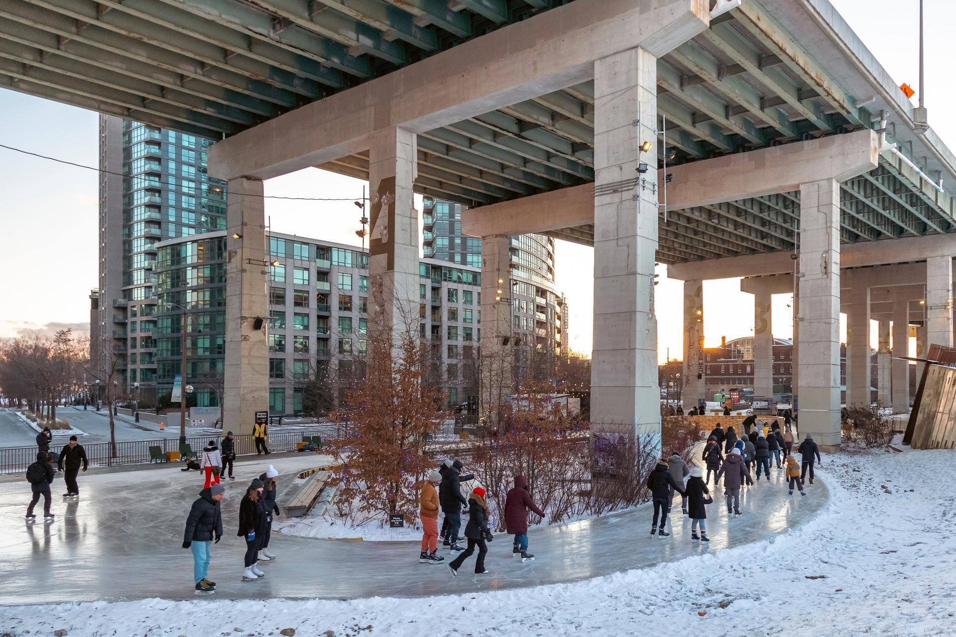The Bentway figure-eight skate trail under the Gardiner Expressway