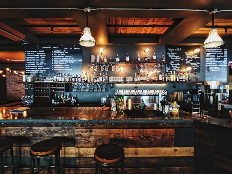 Cozy neighbourhood pub interior with warm wood tones and vintage decor