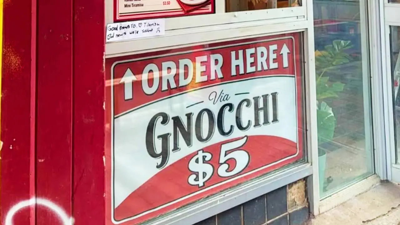 Via Gnocchi $5 takeout window at 758 Bathurst Street, ORDER HERE sign and mini tiramisu on the board