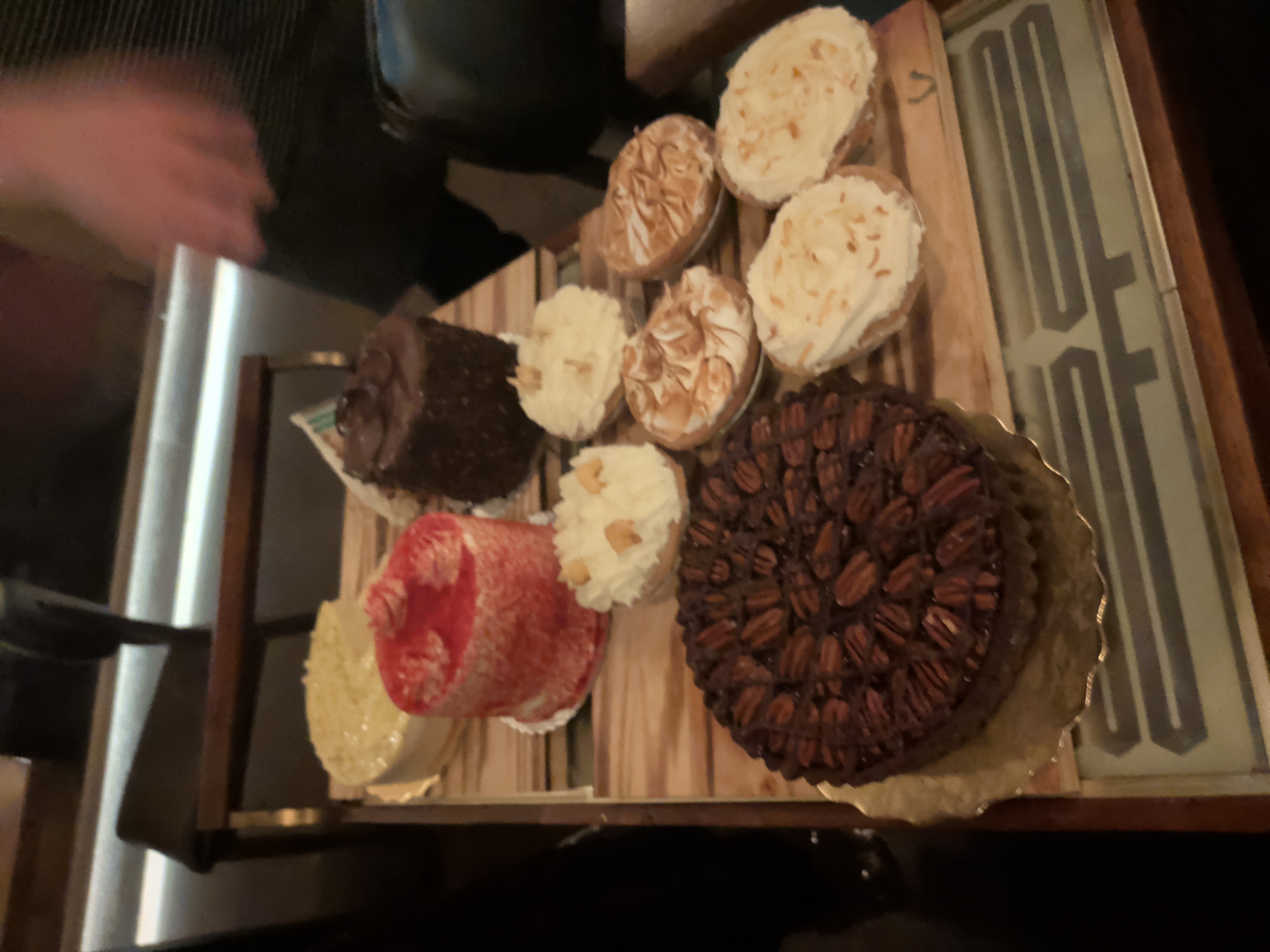 Tableside dessert cart, pecan tart with salted caramel in front