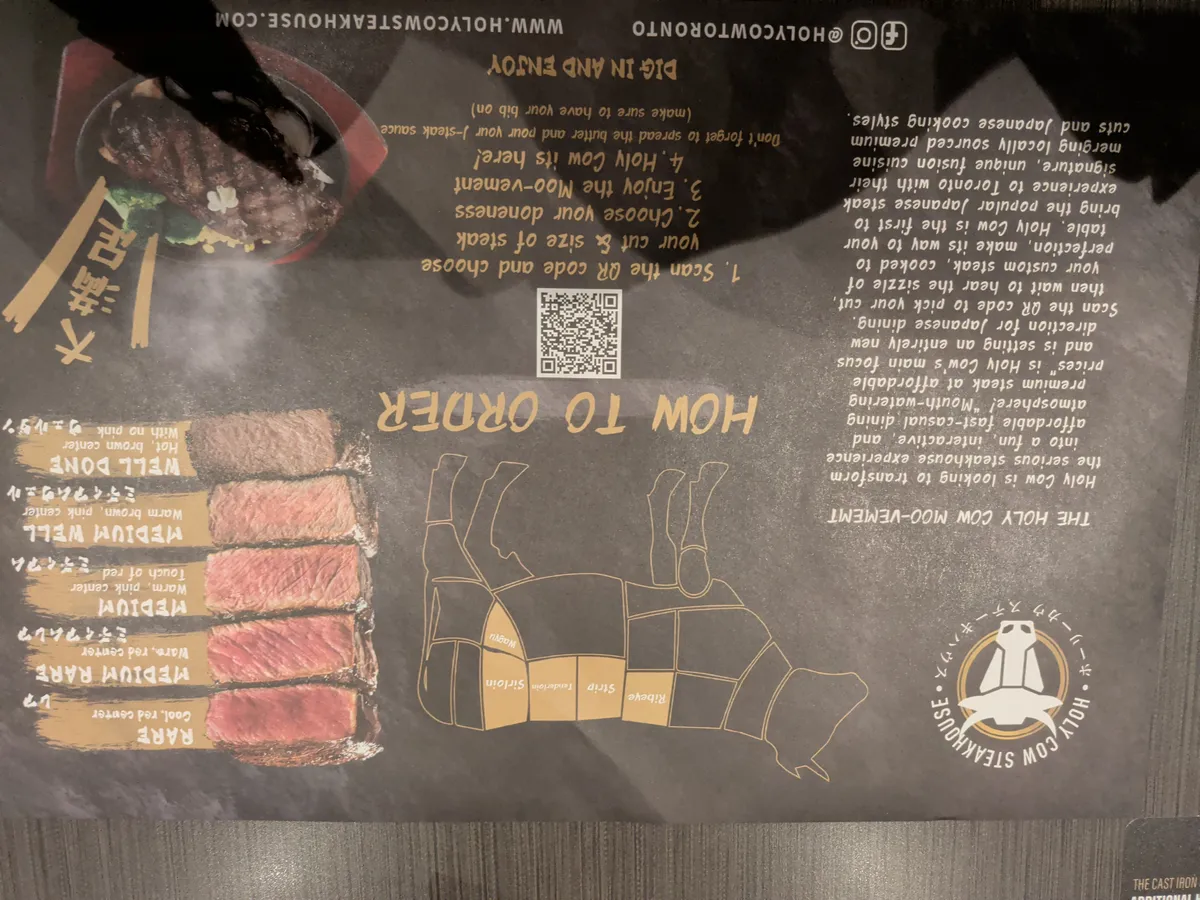 A printed menu guide explaining the ordering process and steak doneness levels.
