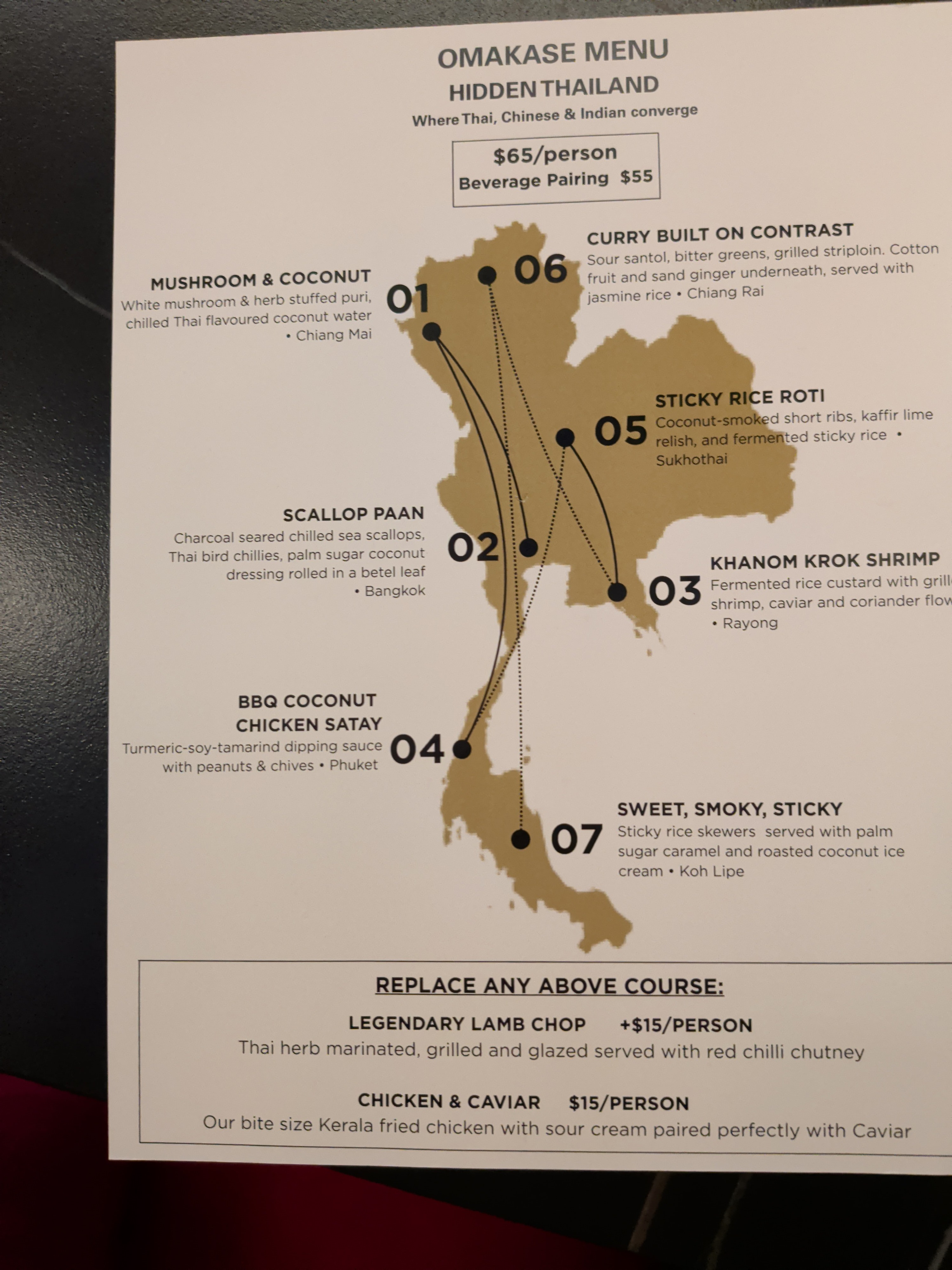 The Omakase menu card detailing the Hidden Thailand courses
