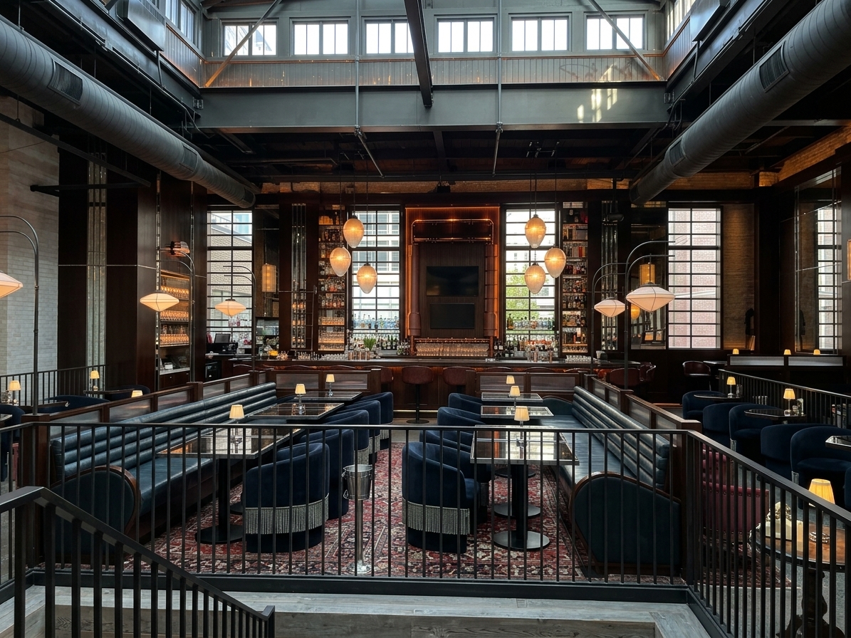 The spacious, light-filled interior of Civil Works featuring blue banquettes and high ceilings.